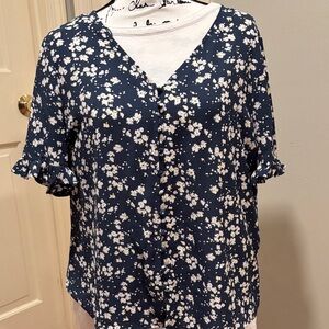 CeCe Blue Floral Blouse with Ruffle Detail